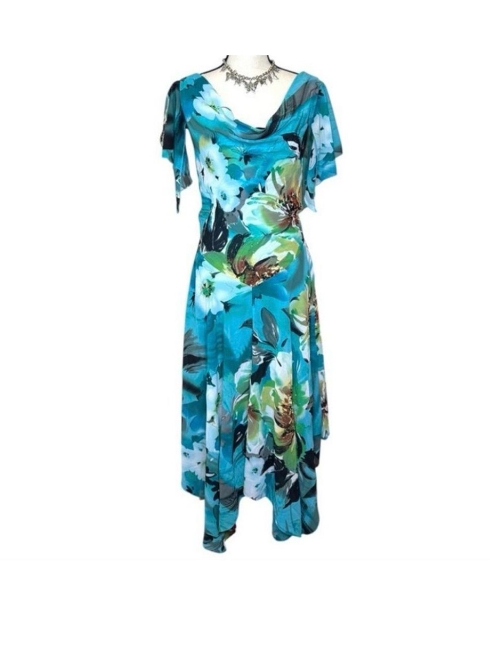 Fairycore Signature by Robbie Bee Teal Floral Asymmetrical Fairy Cowl Neck Dress
